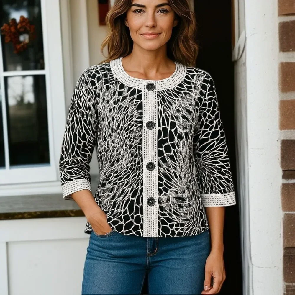 Chicos Floral Sequin Jacket S White Black Embellished 3/4 Sleeve Button‎ Front
